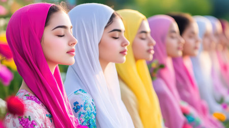 In a tranquil environment, women in hijabs focus on breathing and peace, blending culture with inner calmの素材