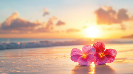 Held in soft light, floral hearts glow against the golden beach horizon during sunset, a symbol of care and serenityの素材