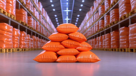 Stacked orange bags line warehouse shelves in a precise layout, conveying bulk inventory and industrial logisticsの素材