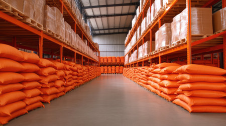Stacked orange bags line warehouse shelves in a precise layout, conveying bulk inventory and industrial logisticsの素材
