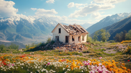 An earthquake-ravaged home with fractured foundations and splintered beams set against a remote mountainous landscapeの素材