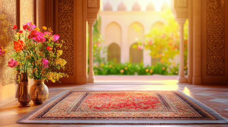 Decorative prayer rug lies on richly textured carpet, with mosque arches in the distance, representing devotion and peaceの素材