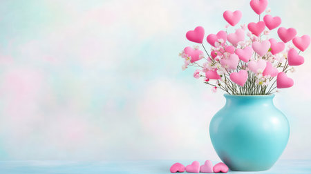 A whimsical pot filled with love--pink hearts rising from a blue vessel with a gentle, muted backdropの素材