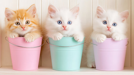 Three playful kittens snuggled inside pastel buckets on a shelf, exuding warmth, charm, and colorの素材