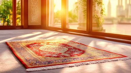 A prayer rug rests quietly on the carpeted floor of a mosque, suggesting reverence, peace, and spiritual reflectionの素材