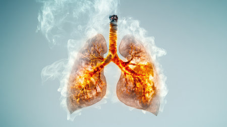A damaged human lung clouded by dark smoke, visually illustrating the destructive effects of long-term smokingの素材