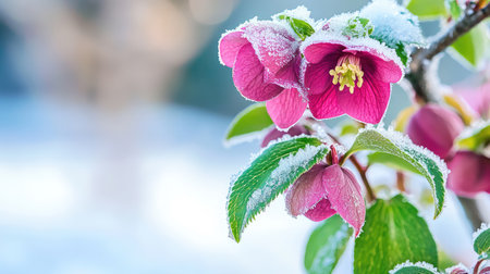 A close-up of frost-covered hellebores blooming in snowy woodland, offering quiet beauty in the coldの素材