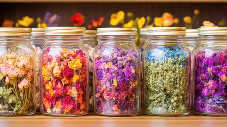 Colorful dried botanicals packed in glass jars create a visual symphony of texture, tradition, and aromaの素材