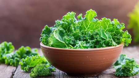 Crisp green kale leaves in a ceramic bowl, freshly washed and glistening with water droplets, set on rustic wood grain background, symbolizing clean eatingの素材