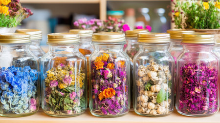 Colorful dried botanicals packed in glass jars create a visual symphony of texture, tradition, and aromaの素材