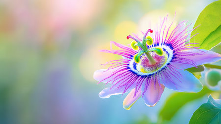 Intricate details of a passionflower bloom, vibrant purple filaments radiating from its core in abstract macro viewの素材