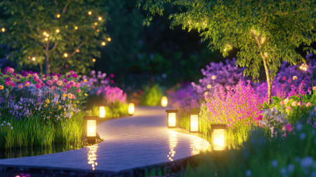 Night garden scene with illuminated path curving among softly glowing plants, emphasizing design and tranquilityの素材