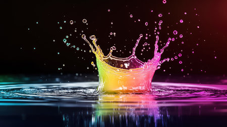 High-speed capture of glowing water splash in neon colors, creating bold shapes on a deep black canvasの素材