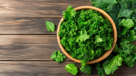 Overhead view of green kale in a bowl, wooden grain backdrop enhances the natural and healthy food vibeの素材