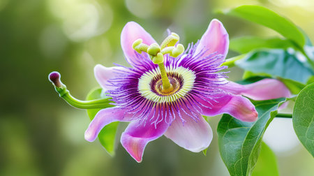 Macro shot of passionflower bloom showing radial symmetry and soft textures of curling tendrilsの素材