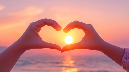 Hands make a heart frame over the horizon, sun perfectly centered, symbolizing shared love and stillnessの素材
