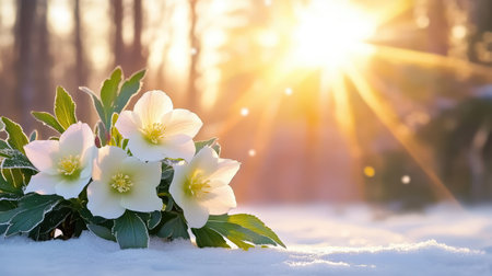 In a snowy forest clearing, frosted hellebores bloom with grace, a sign of life within winter hushの素材