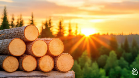 Stacked cut wood illuminated by sunset, forest outline in deep shadow and glowing sky highlighting the cycle of natureの素材