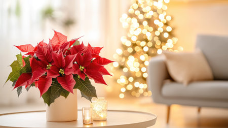 Red poinsettia leaves catch the warm glow of holiday lights, infusing a modern living room with seasonal joyの素材