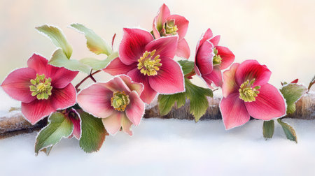 Vibrant hellebore blossoms with frosted edges stand out against snow and bark, a poetic scene of nature contrastの素材