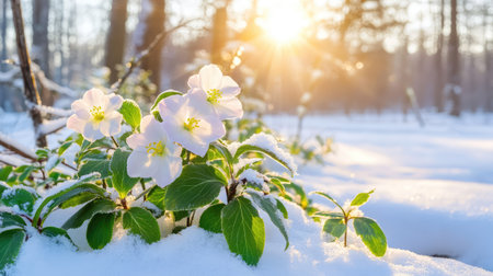 Icy hellebores growing amid snow-dusted underbrush, glowing softly in the quiet beauty of a forest in winterの素材