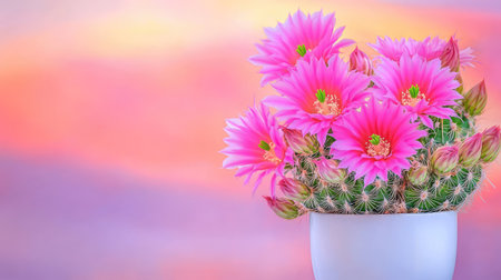 Vibrant pink cactus flowers glowing in soft sunset light, framed by pastel skies and modern white ceramic potの素材
