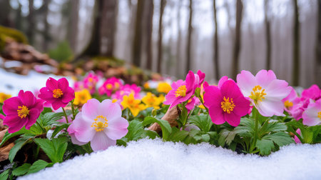 Snow blankets the forest while colorful hellebores bloom in resilience, glowing under a pale winter skyの素材