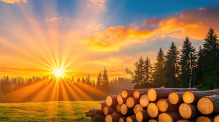 Sunlight glows on stacked timber logs, forest in silhouette and sky ablaze in warm sunset colors, evoking nature cyclesの素材
