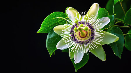 The elegant symmetry of Passiflora incarnata, with fine tendrils and floral structure captured in stunning close-upの素材