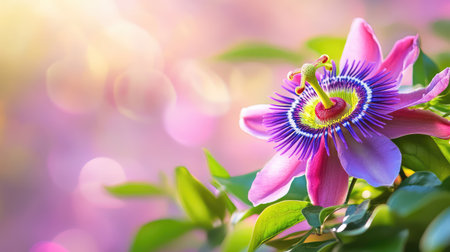 Close-up passionflower shot revealing its purple tendrils and central complexity, highlighted with soft natural lightの素材