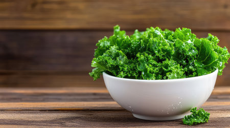 Fresh kale in a white bowl on warm wooden surface, water droplets visible, promoting healthy lifestyle and natural food conceptsの素材