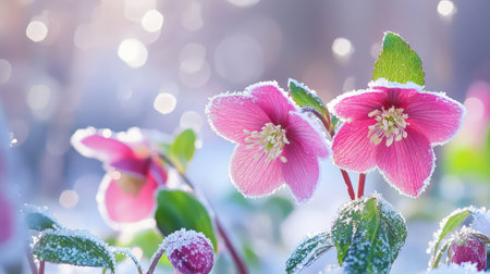 Beautiful hellebores coated with morning frost bloom through snow, adding color to a serene winter forestの素材