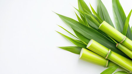 Bright green sugarcane stalks with full leafy tops, neatly arranged in a bunch, isolated against clean white studio backgroundの素材