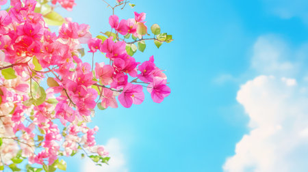 Artistic shot of bougainvillea blossoms against bright sky blue background, tropical floral appealの素材