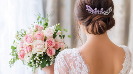 Bride in white lace dress stands with back turned, holding bouquet of roses, hair styled in bun with tiaraの素材