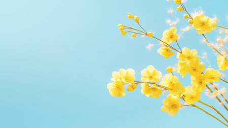 Yellow floral branch against calm blue, vivid and clean composition for nature-inspired graphic designの素材