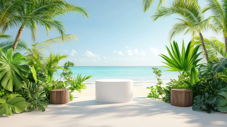 Minimalist white display podium on beach sand, surrounded by lush tropical greens and natural wood, clear sky backdropの素材