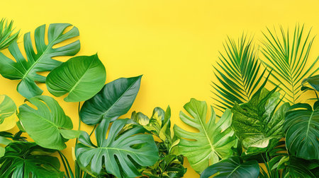 Botanical style with leafy greens over bold yellow, bright contrast creates energetic visual for decor and printの素材