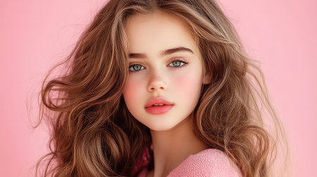 Beauty portrait of teen girl, natural makeup and flowing waves framed by a pastel pink backdropの素材