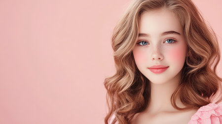 Fresh portrait of a teen girl with wavy hair, simple pink background emphasizing style and self-expressionの素材