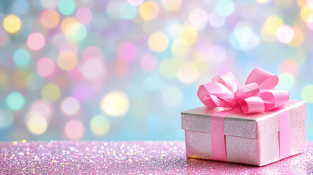 Bokeh background with glitter and pink gift box, ideal for birthdays, weddings, or surprisesの素材
