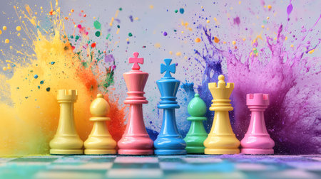 A burst of colorful paint splashes with vibrant chess pieces, capturing the essence of creative strategy and dynamic expressionの素材