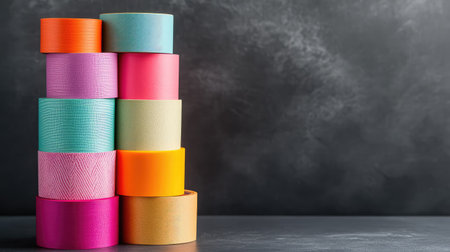 A variety of textured adhesive tapes stacked vertically, contrasting colors on a dark surface for artistic project ideasの素材