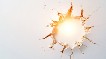 Ceramic tile cracked open with jagged white hole shining bright light, illustrating breakthrough, power, and dramatic visual impactの素材