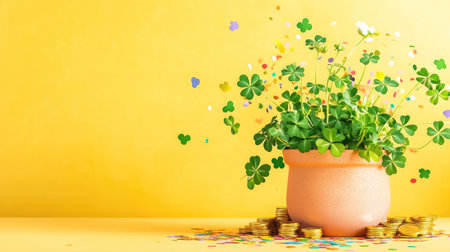 Bright yellow flat lay featuring shamrocks, gold coins flowing from a pot, and colorful confetti bursts for St. Patrick Day holiday visuals profile x1e2gky --v 6.1 Job ID: 46e1851d-e4d3-4fdf-a1d0-bb41267c7d6bの素材