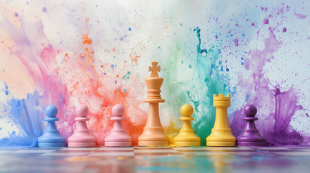 Bright paint splatters mixing with colorful chess pieces in a visually striking, energetic composition of art and thoughtの素材