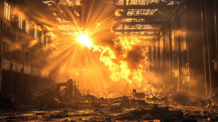 Industrial decay highlighted by swirling smoke, broken walls, and discarded machinery in a somber, atmospheric demolition aftermathの素材