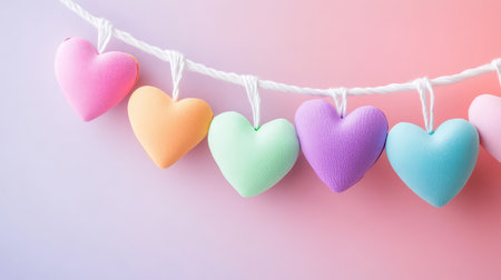 Colorful sweet hearts attached to a white rope with a pastel-colored background, producing a cute, festive, and romantic atmosphereの素材