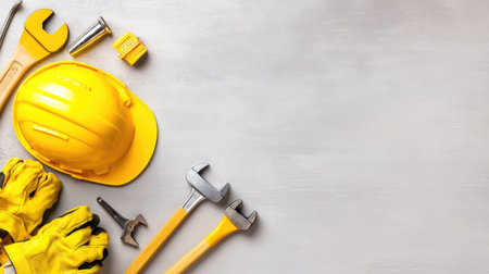 Labor Day tribute featuring a bright yellow hard hat, wrench, hammer, and gloves set against a simple grey backdropの素材