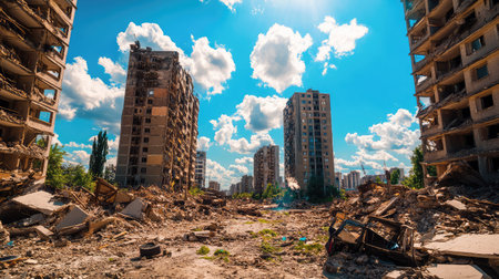 War devastation shown by ruins of a collapsed residential building in a city, evoking crisis, loss, and destruction of homesの素材